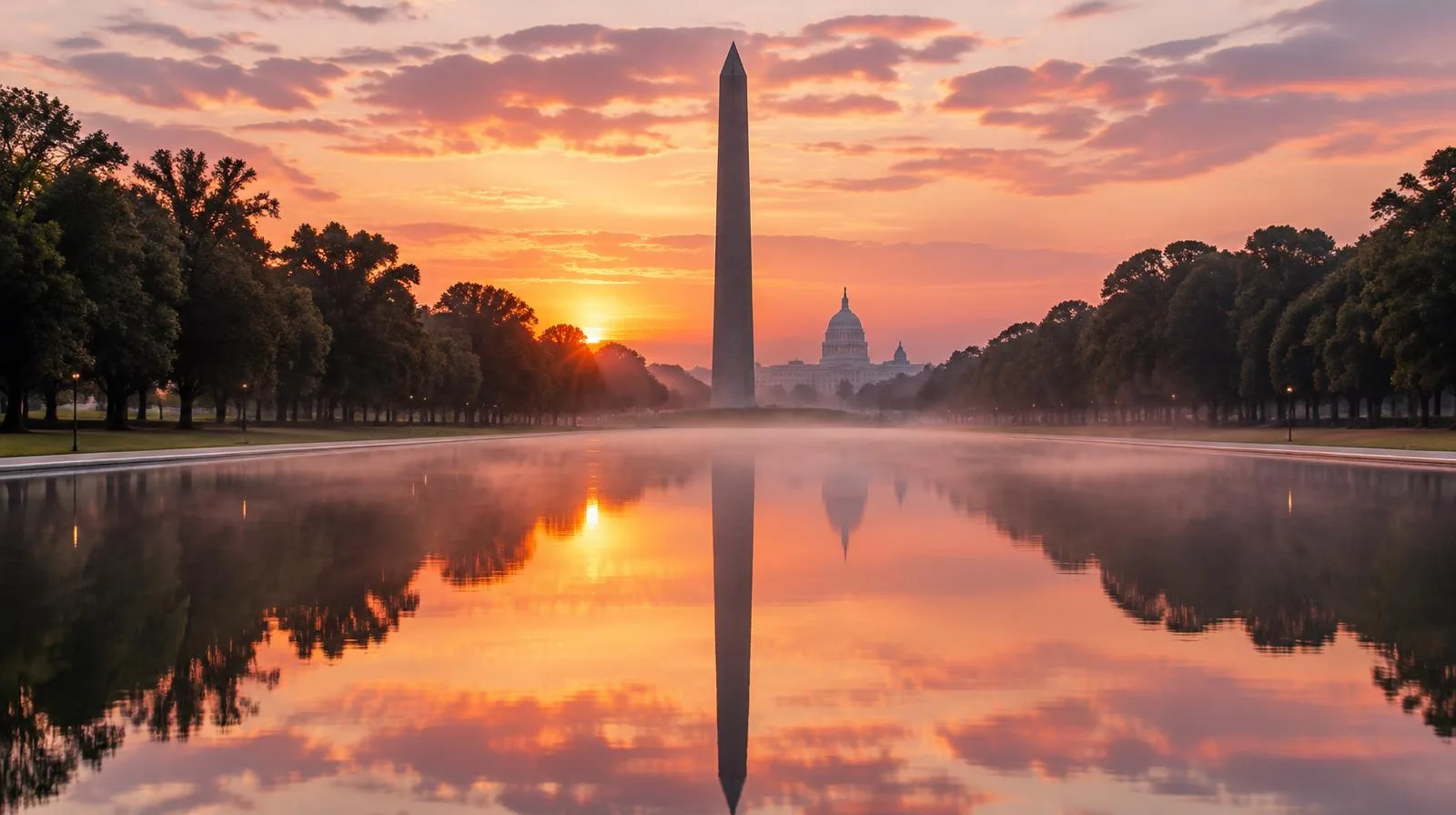 Washington Monument and Capitol reflected at dawn