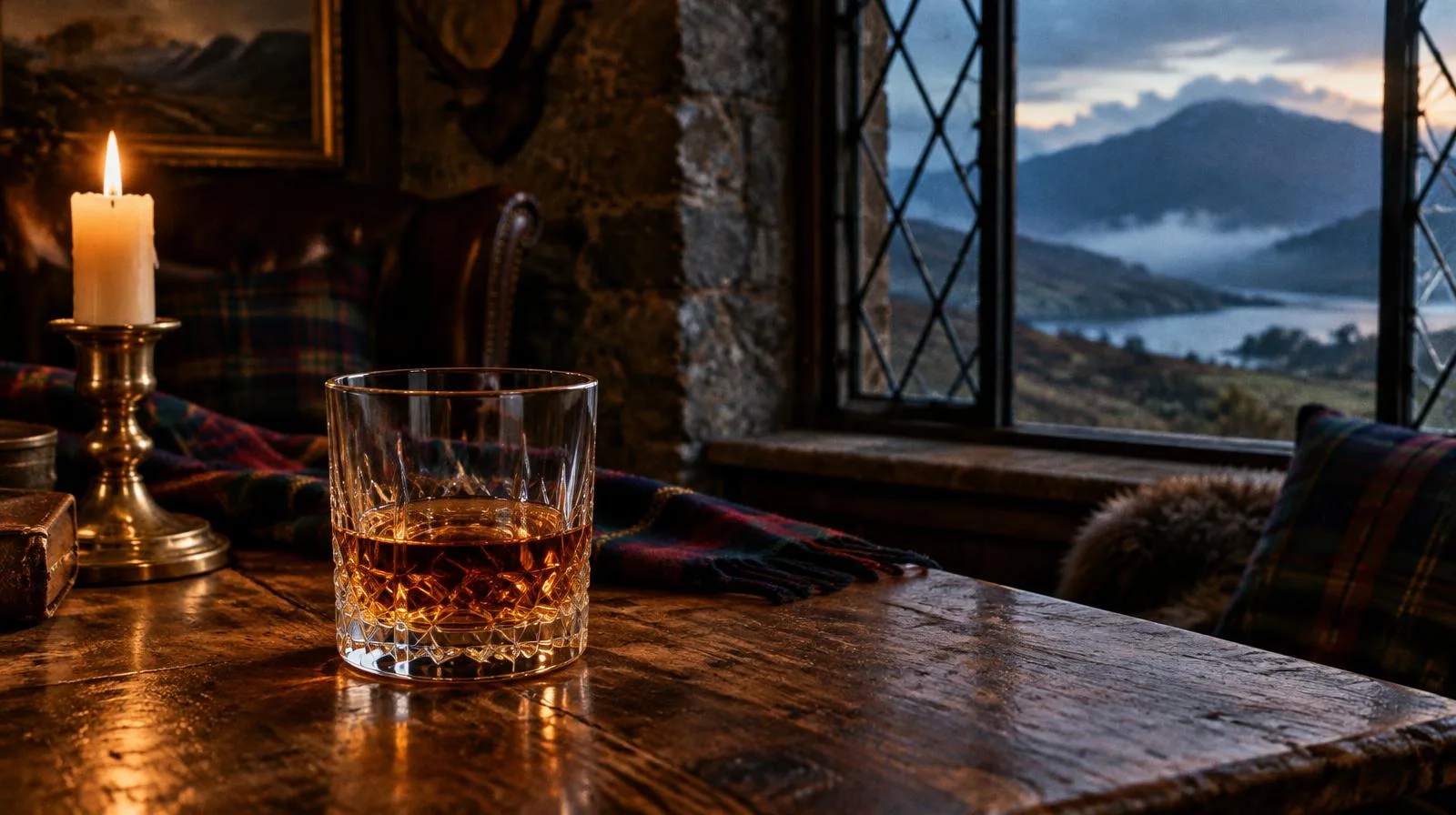 Cinematic photograph of amber whisky beside a closed, unlettered poetry volume on a polished wooden table, with a softly lit historic lodge room beyond and no visible text.