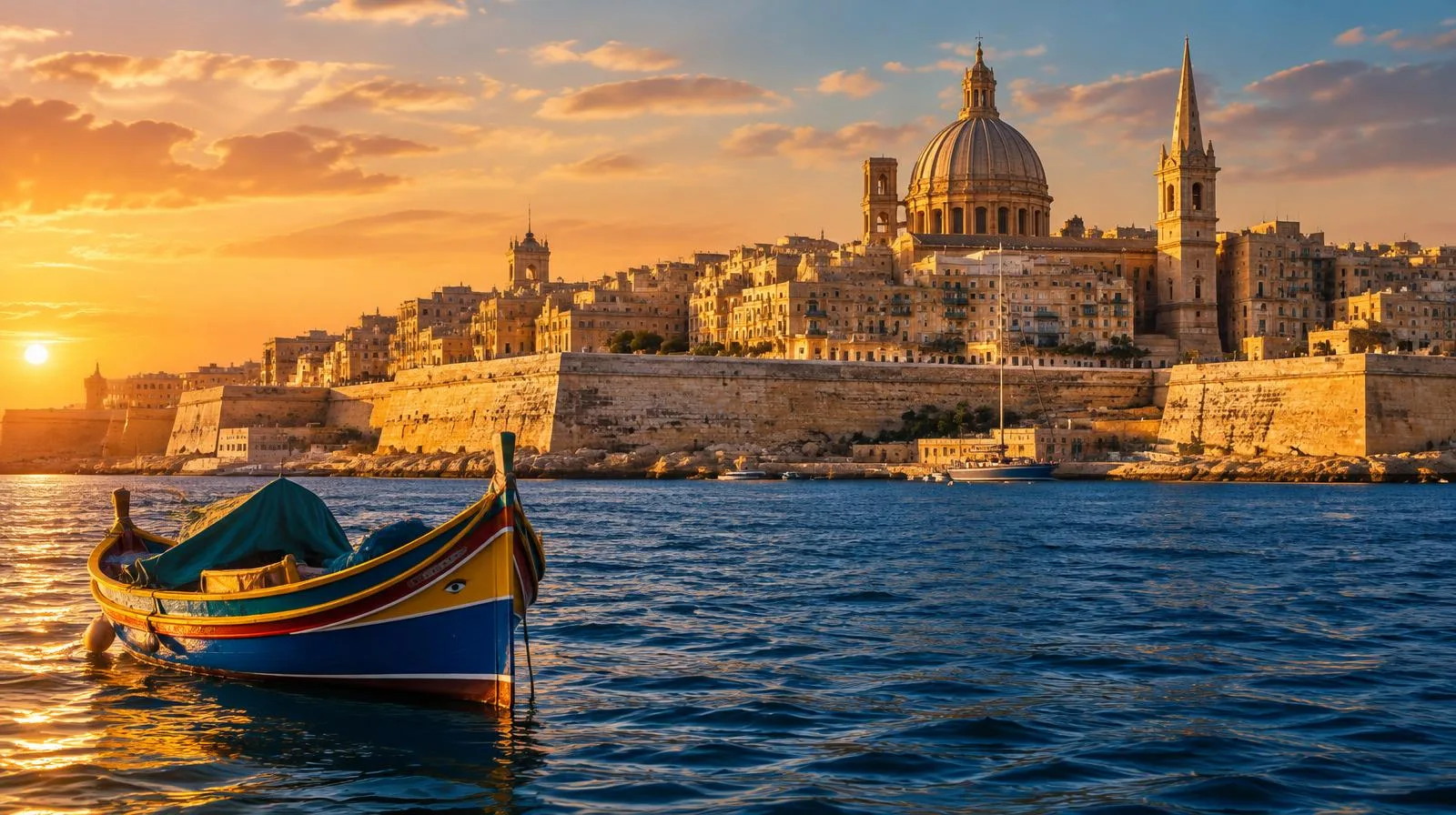 Valletta's limestone bastions and domes above the Grand Harbour at sunset