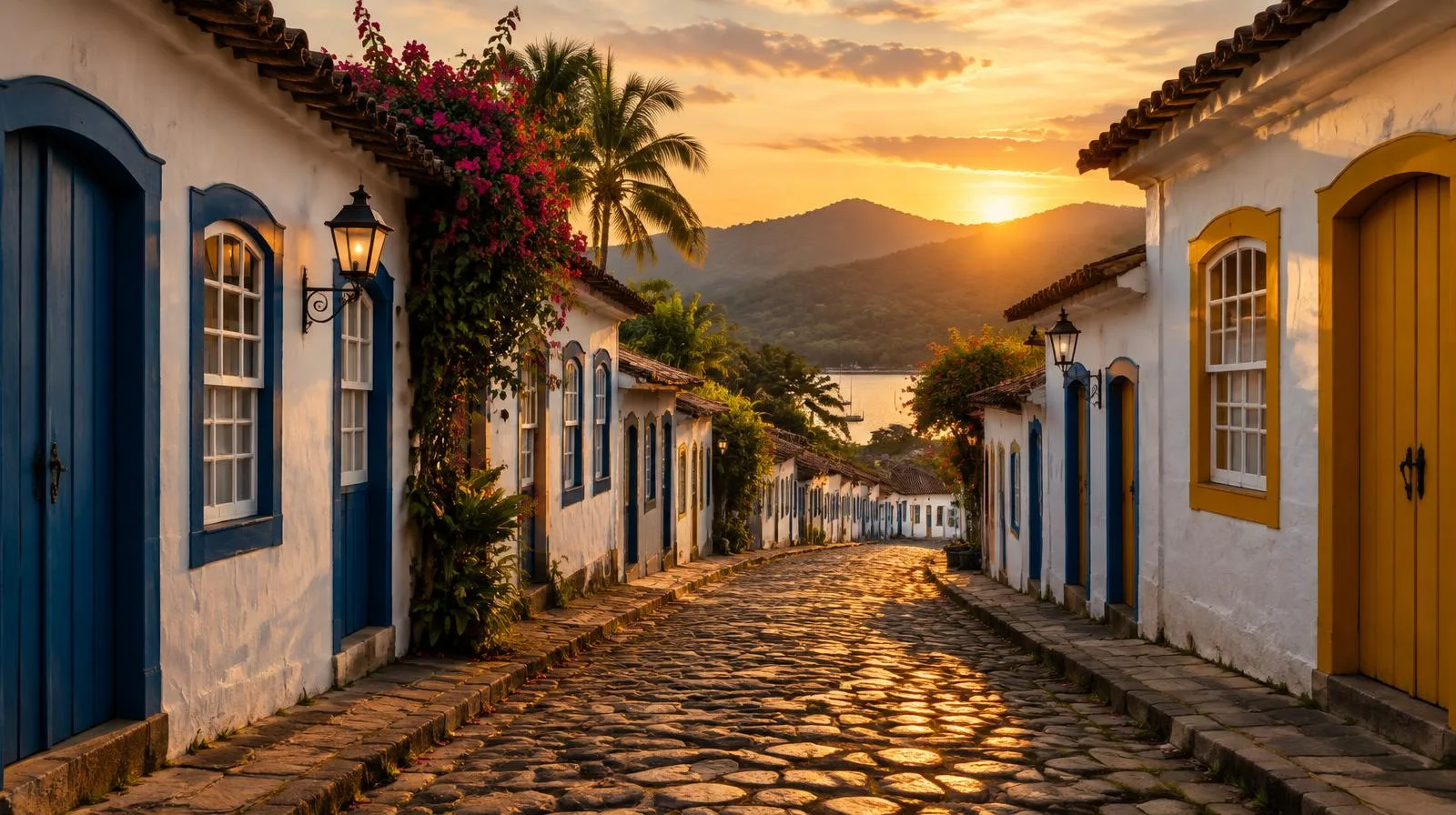 Colonial cobbled street in Paraty, Brazil, at sunset