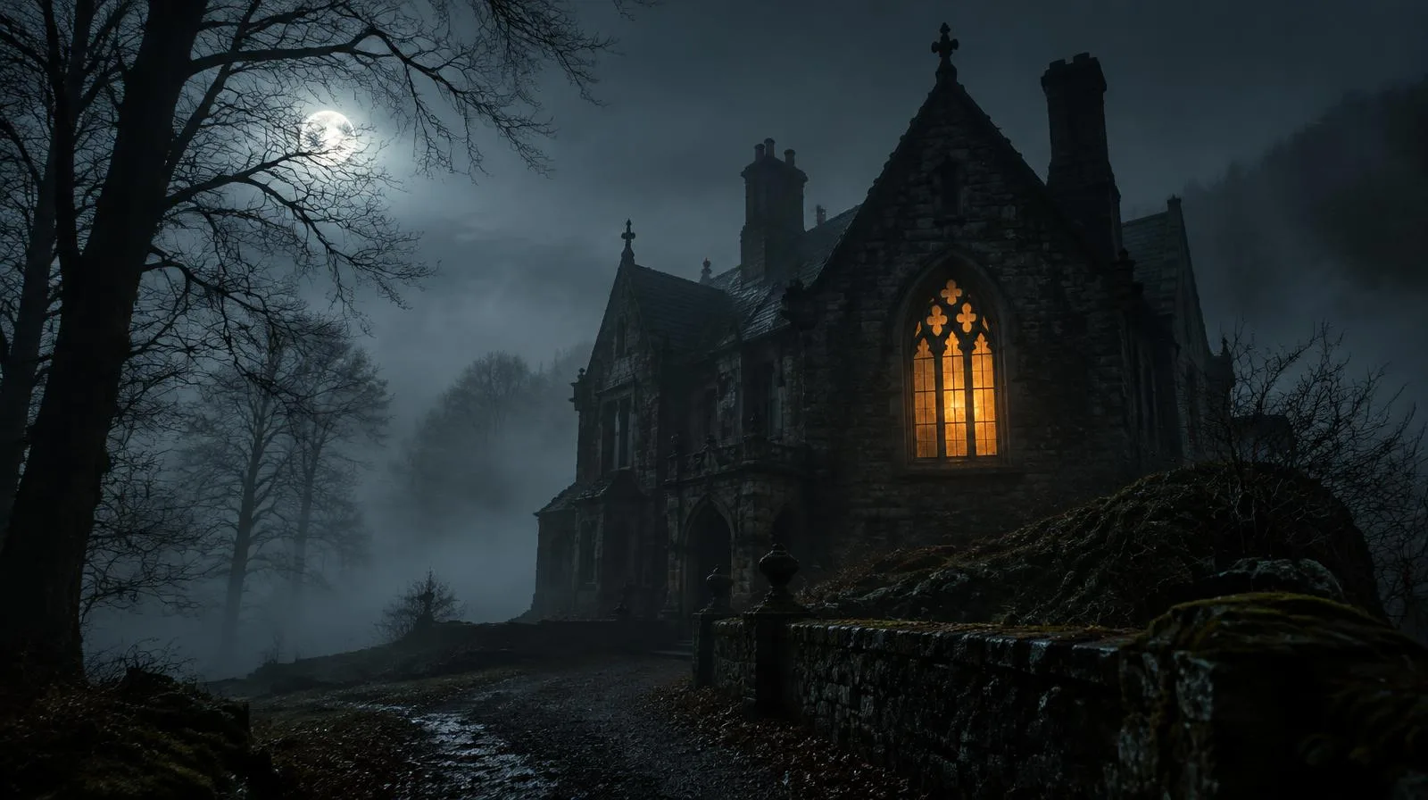 Gothic stone lodge in fog under a full moon
