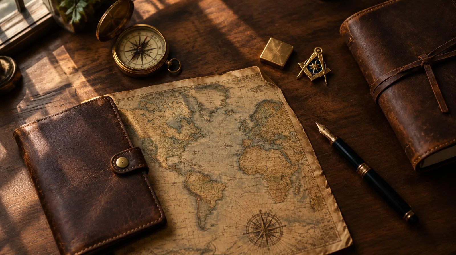 Antique map, compass, passport wallet and square and compasses pin on a desk