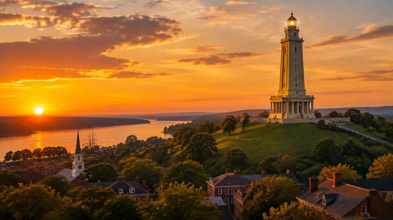 Memorial tower on a hill above Alexandria at sunset