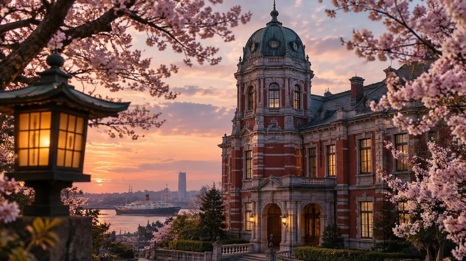 Meiji-era building in Yokohama framed by cherry blossoms