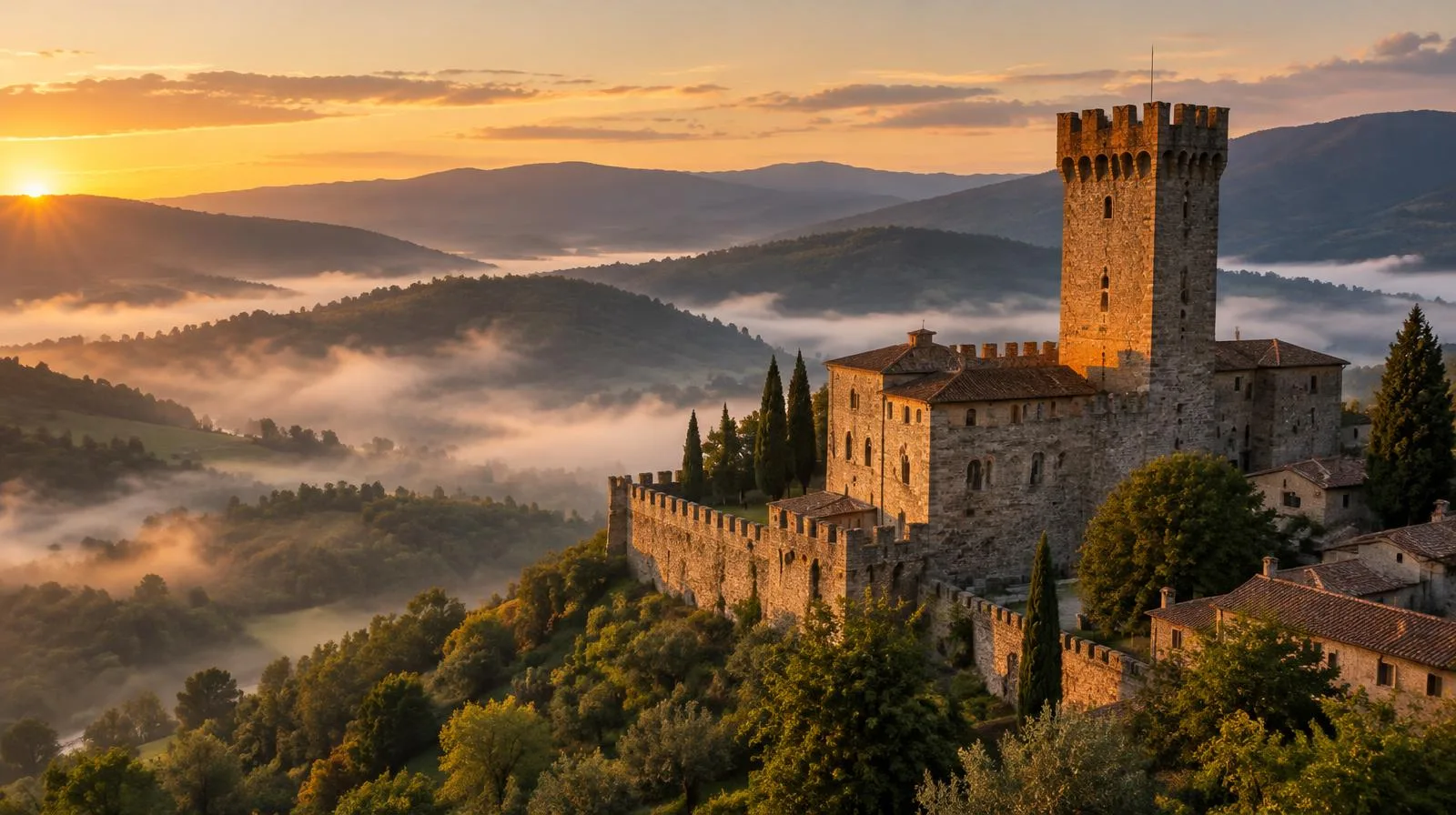 Text-free cinematic photograph of Poppi’s stone buildings beneath the castle, with soft evening light falling across the Casentino landscape
