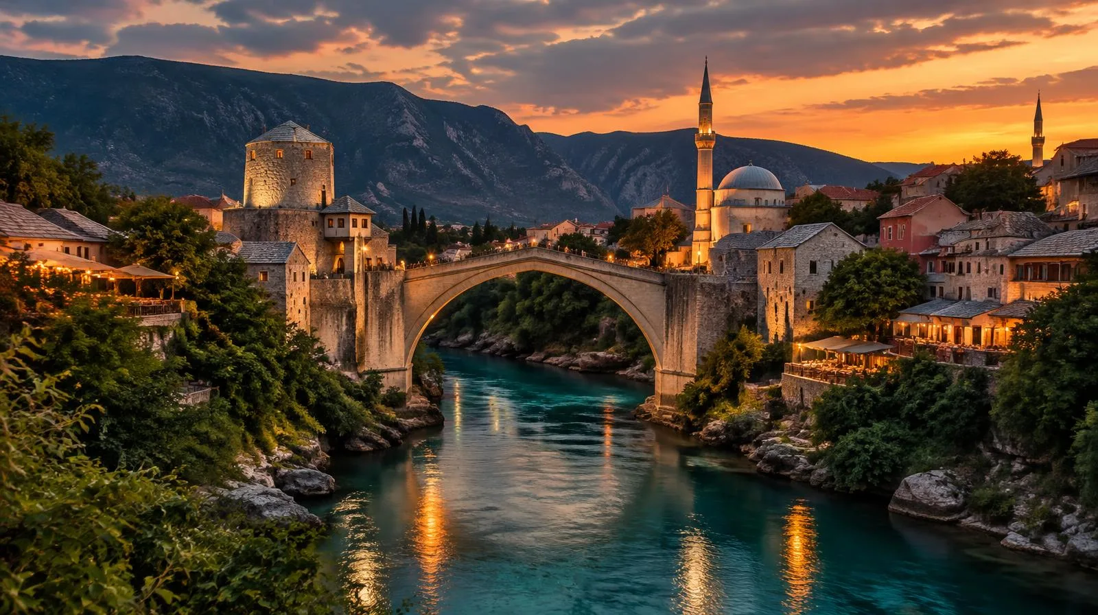 Old Bridge of Mostar over the Neretva at dusk