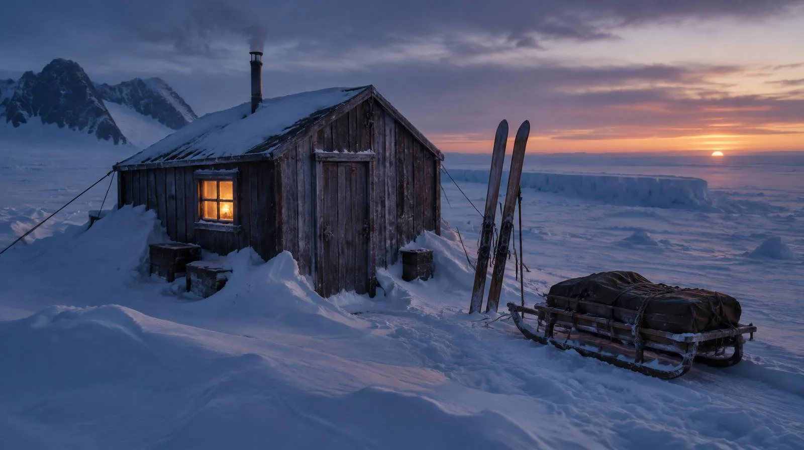 Expedition hut on the Antarctic ice at twilight