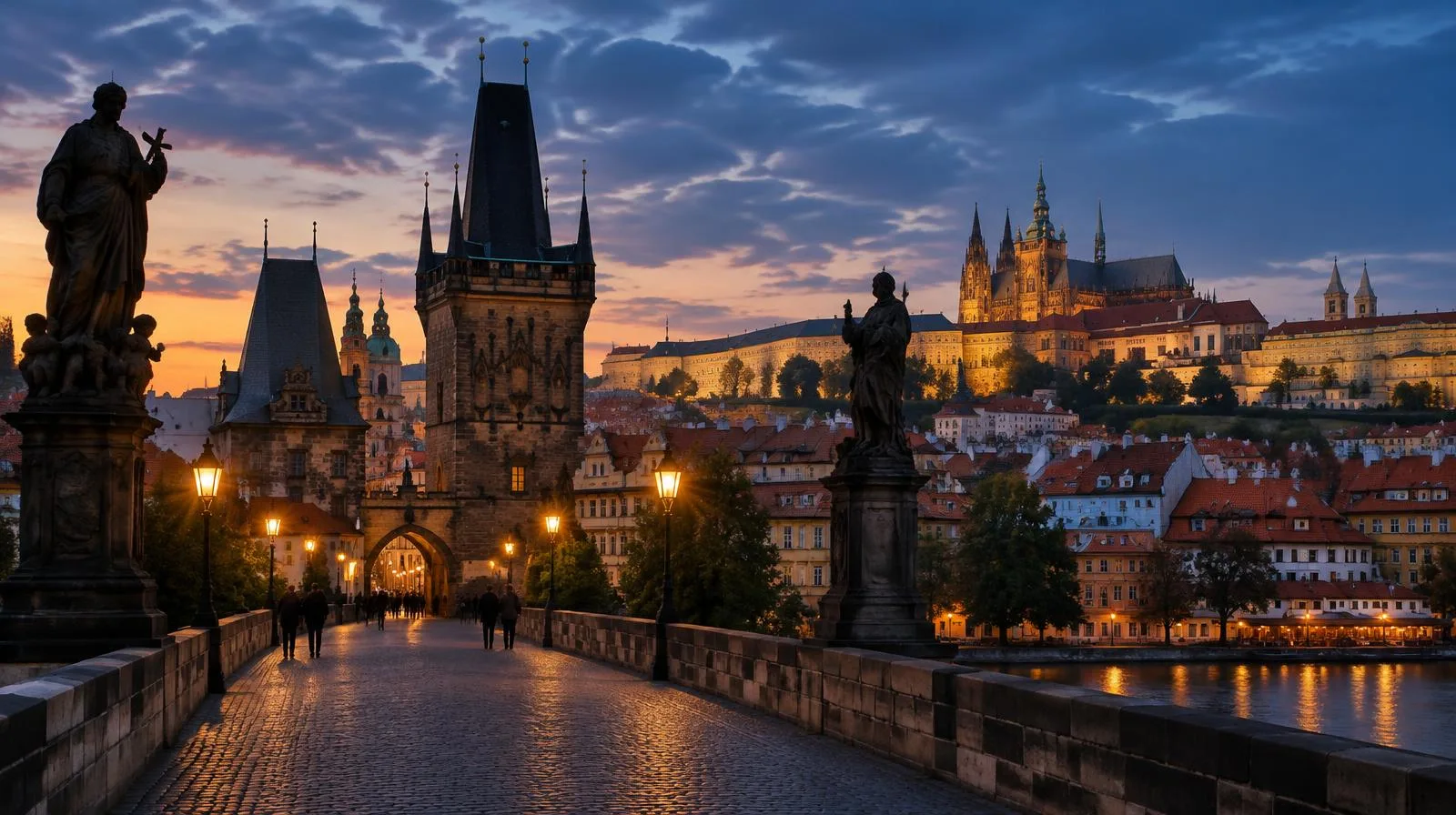 Charles Bridge and Prague Castle at dusk