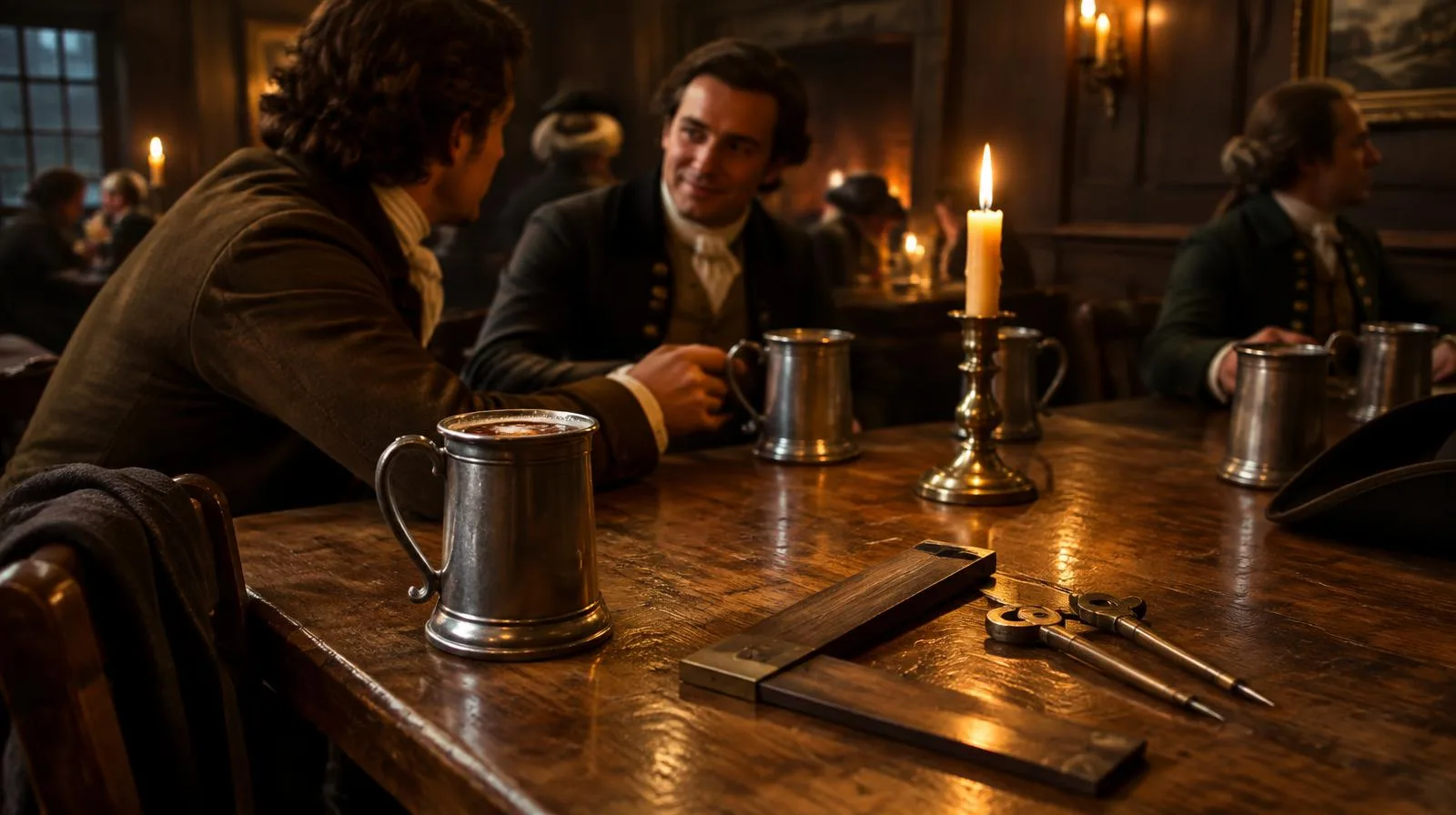 Cinematic photograph of pewter tankards on a worn wooden tavern table, warm window light falling across a folded Masonic apron, without lettering or signage