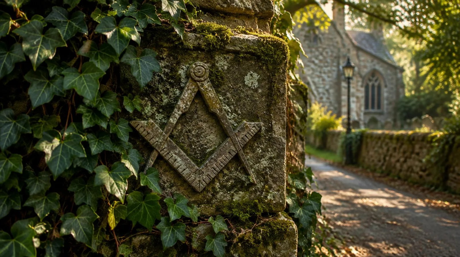 Square and compasses carved into an ivy-covered stone pillar