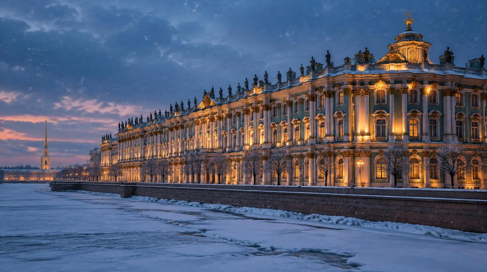 Winter Palace beside the frozen Neva at blue hour