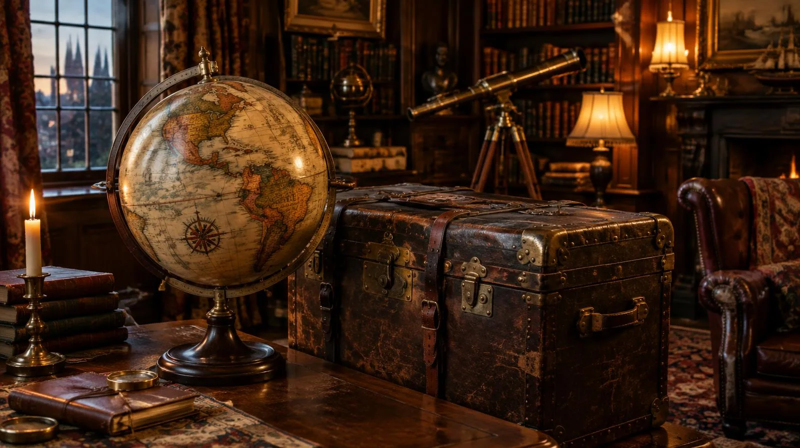 Antique globe and leather steamer trunk in an old library