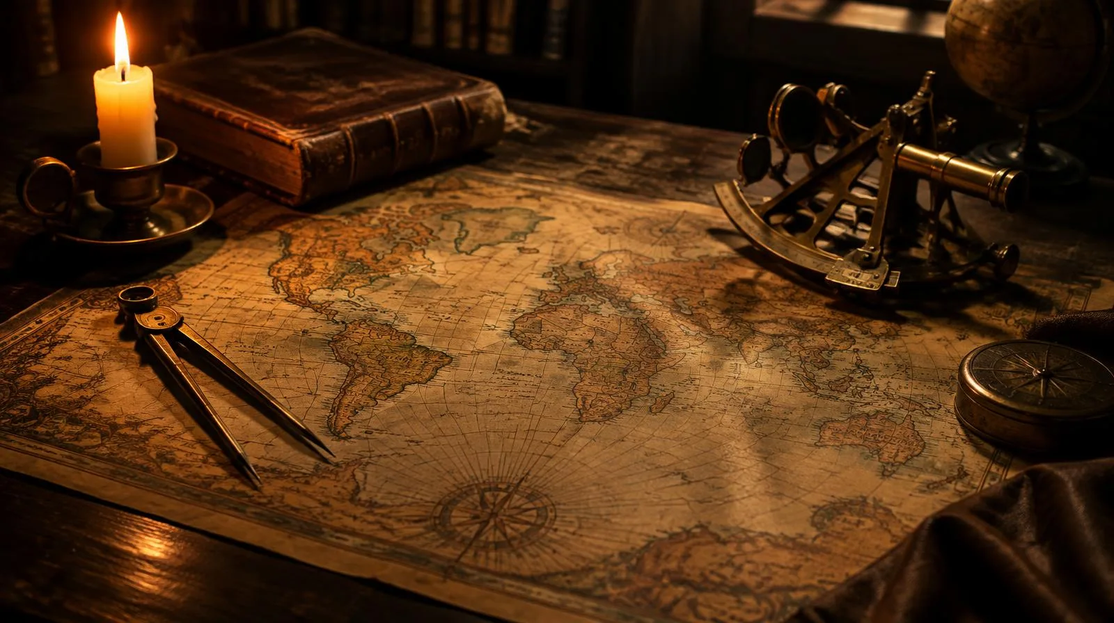 Antique world map with dividers, sextant and candle