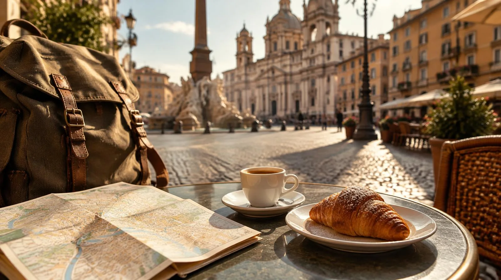 Backpack, map, espresso and croissant at a café in a Roman piazza