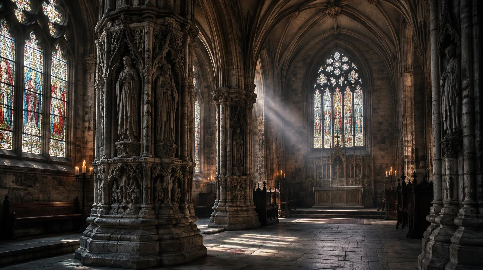Carved stone pillars inside a medieval Scottish chapel