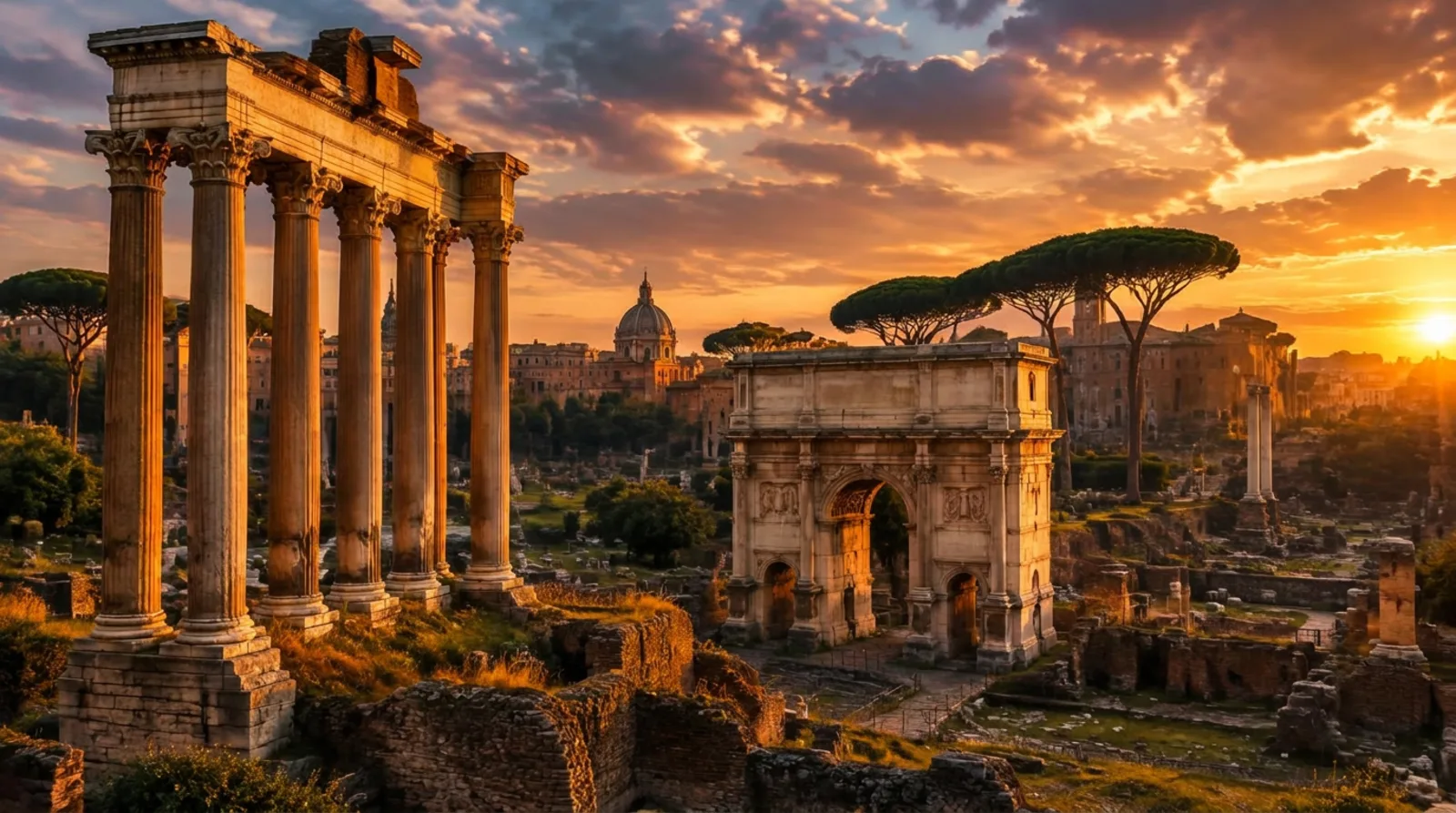 Ruins of the Roman Forum at golden hour