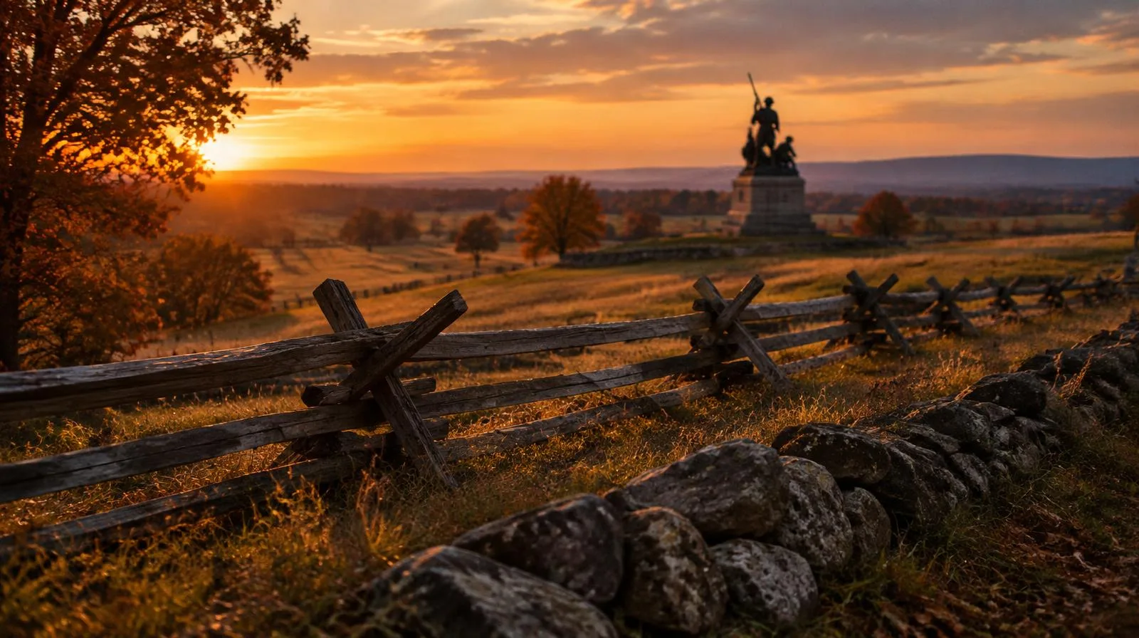 Cinematic photograph of the bronze Union captain tending the reclining Confederate general at Gettysburg in soft evening light, tightly framed with no text or inscriptions visible