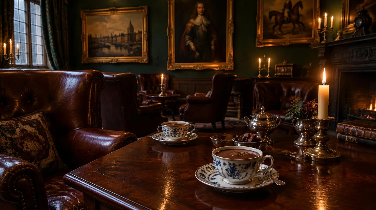 Cinematic photograph of steaming chocolate and coffee cups on a dark wooden table beside a rain-streaked window overlooking St James’s Street in London, with no visible text