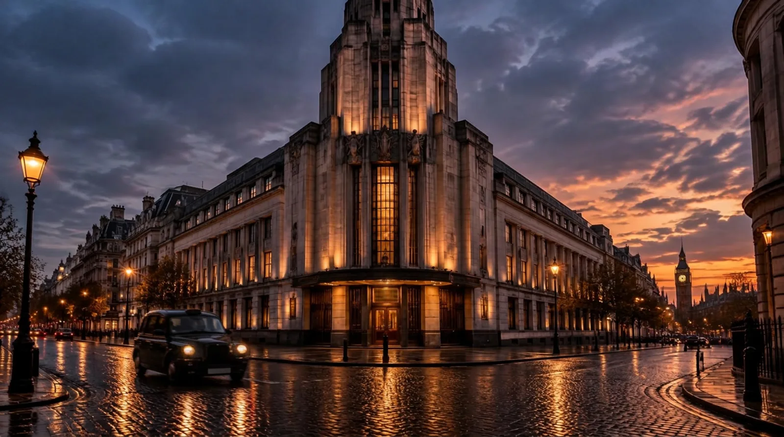 Art Deco stone hall on a rain-washed London street at dusk