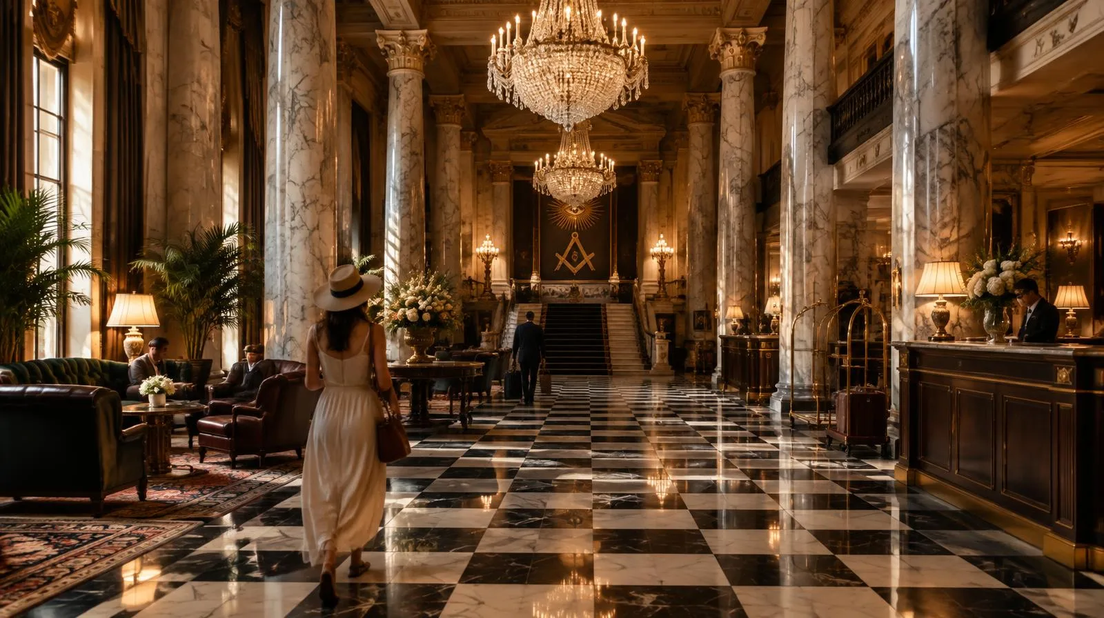 Grand marble hotel lobby with chandeliers and a checkered floor