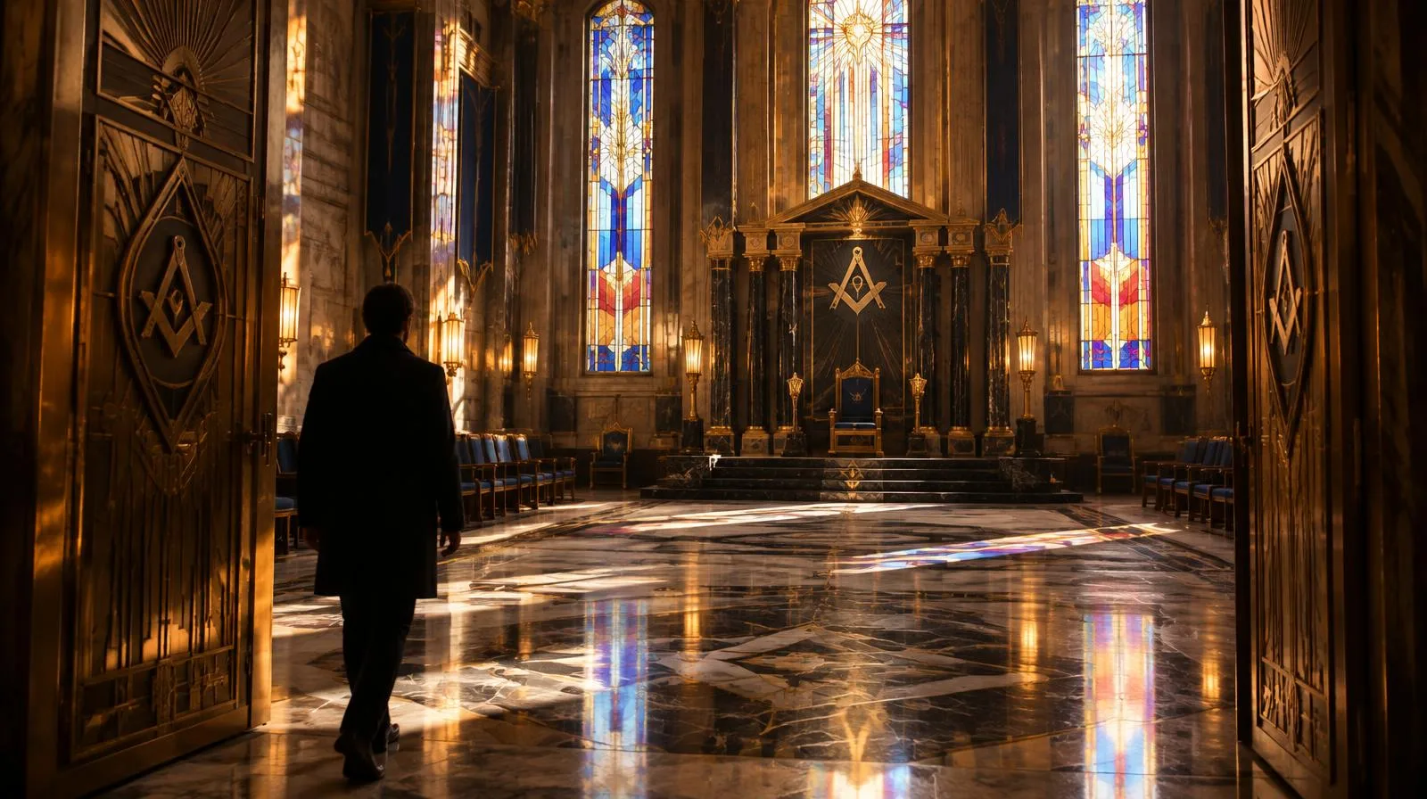 Cinematic photograph of the Art Deco interior of Freemasons’ Hall in London, warm light revealing architectural details beyond an open doorway, with no text
