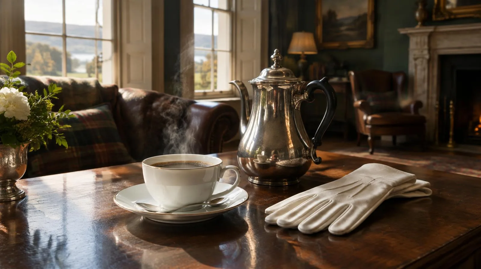 Text-free cinematic photograph of steam rising from a plain coffee cup on a dark wooden table, with folded Masonic regalia and an empty dining room softly blurred beyond.