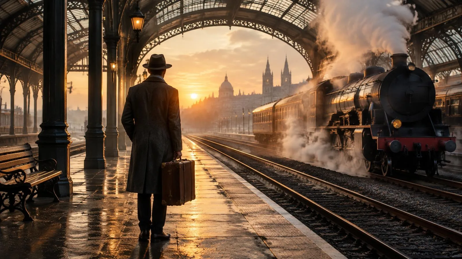 Lone traveller with a suitcase on a steam-era station platform