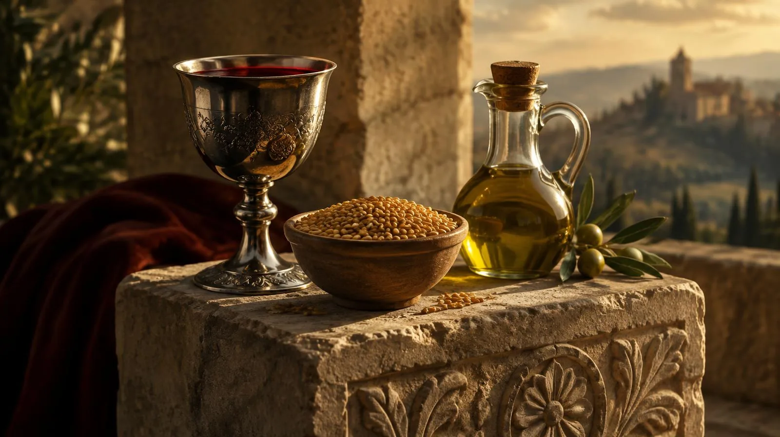 Cinematic close-up of grain, red wine and golden oil in ceremonial vessels beside a rough stone and a mason's square, illuminated by soft light in a dark interior, with no text