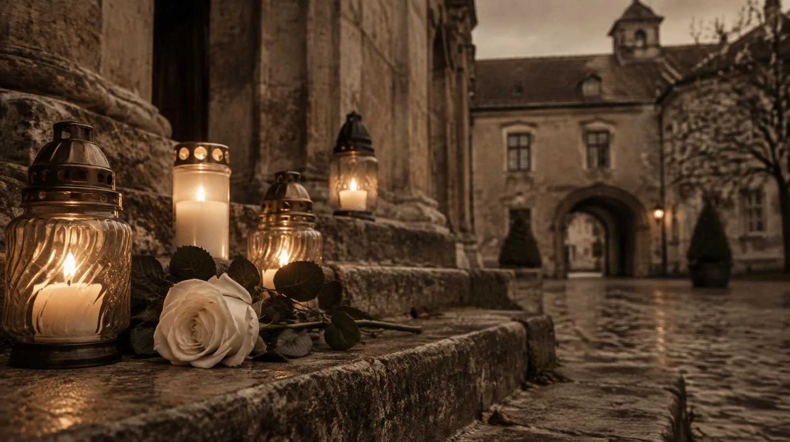 Memorial candles and a white rose on old stone steps